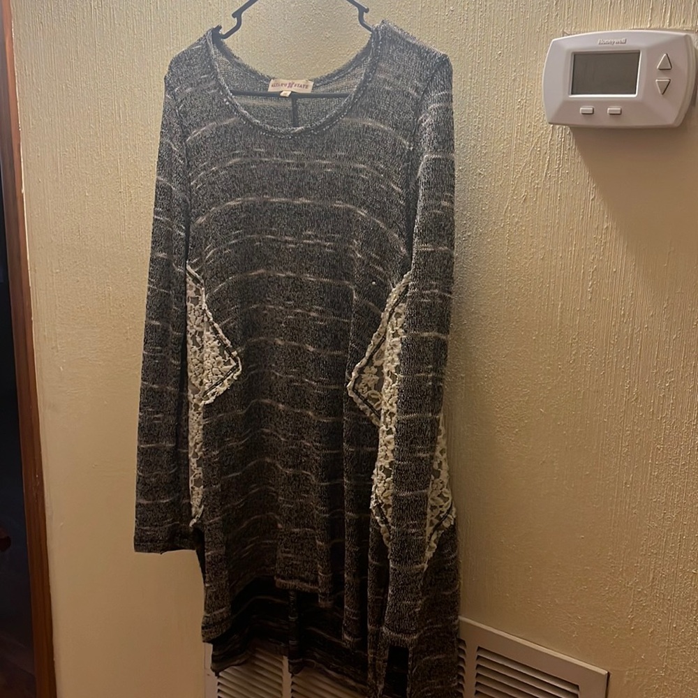 Altard State Tunic Sweater with subtle stripe print and lace details - Sz Med